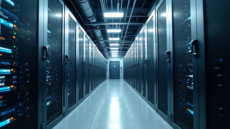Eye-level view of a modern data center with energy-efficient cooling systems