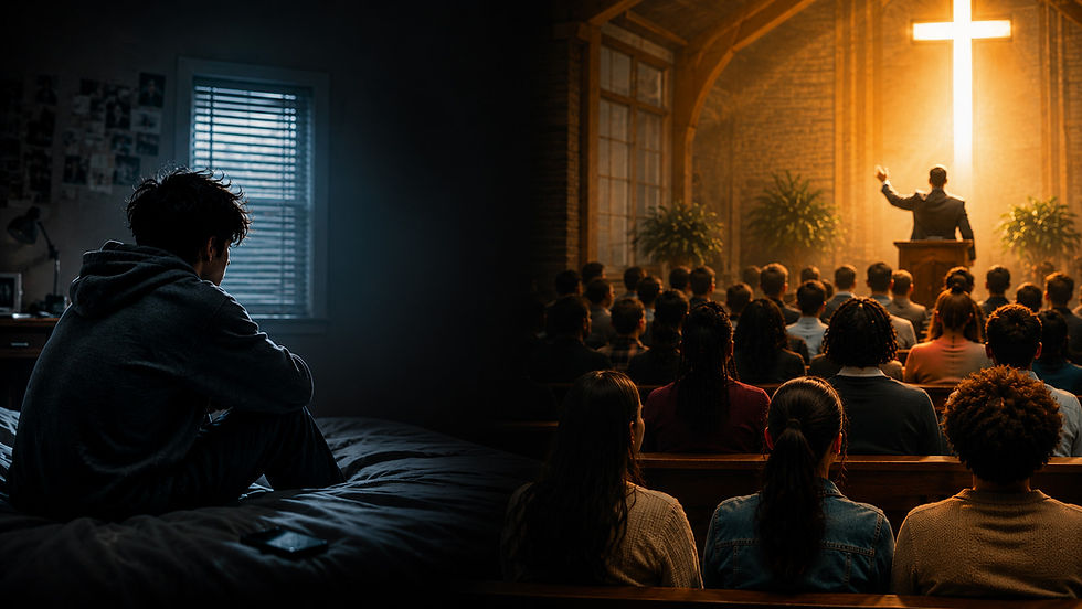 A lonely teenager and people filling a church.