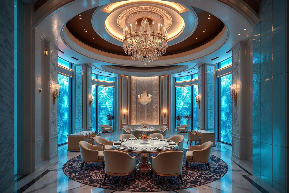 Opulent dining hall with crystal chandelier, ideal for luxury events