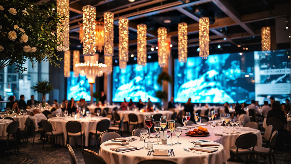 Elegant dining event with guests, decorative lights, and screens.