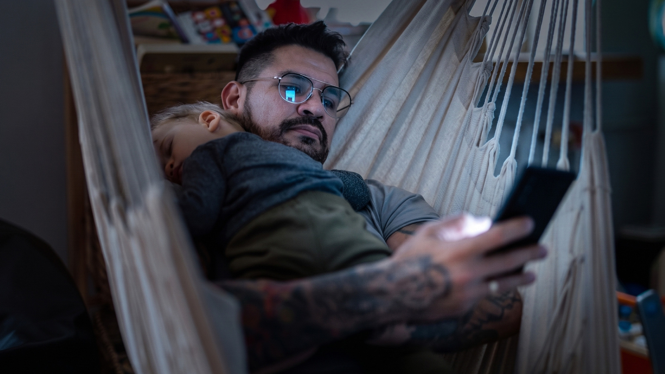 A child sleeping on a parents shoulder in the dark, while they look at a mobile phone.
