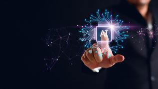 AI circuit board in shape electronic PCB circuit icon symbol on businessman hand finger touching with cyberpunk neon cyberspace lighting.