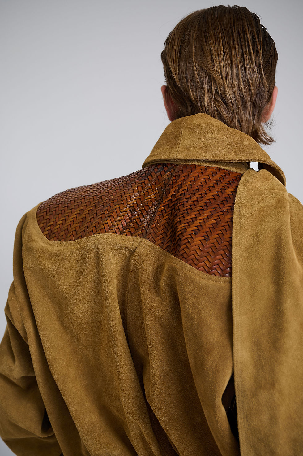 Thumbnail: Cropped Suede Jacket with Woven Moulded Collarbones and Shoulder Blades