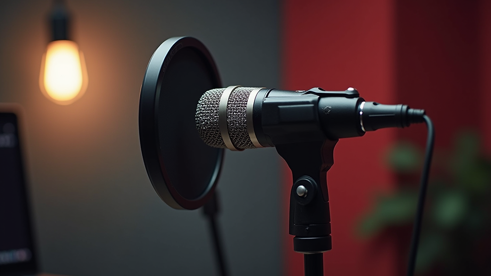 Close-up view of professional podcast microphone in studio