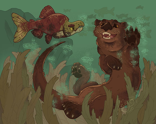 Otter waving to salmon illustration