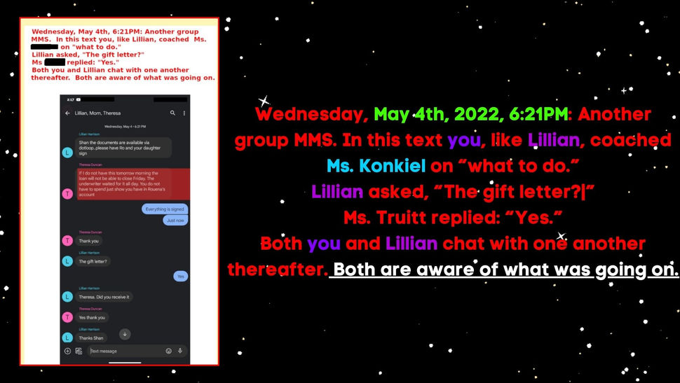 Text message conversation with Theresa Duncan and Lillian Harrison showing their deceit.