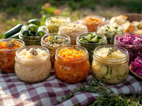Fermented foods for gut health including sauerkraut, kimchi and pickled vegetables in glass jars