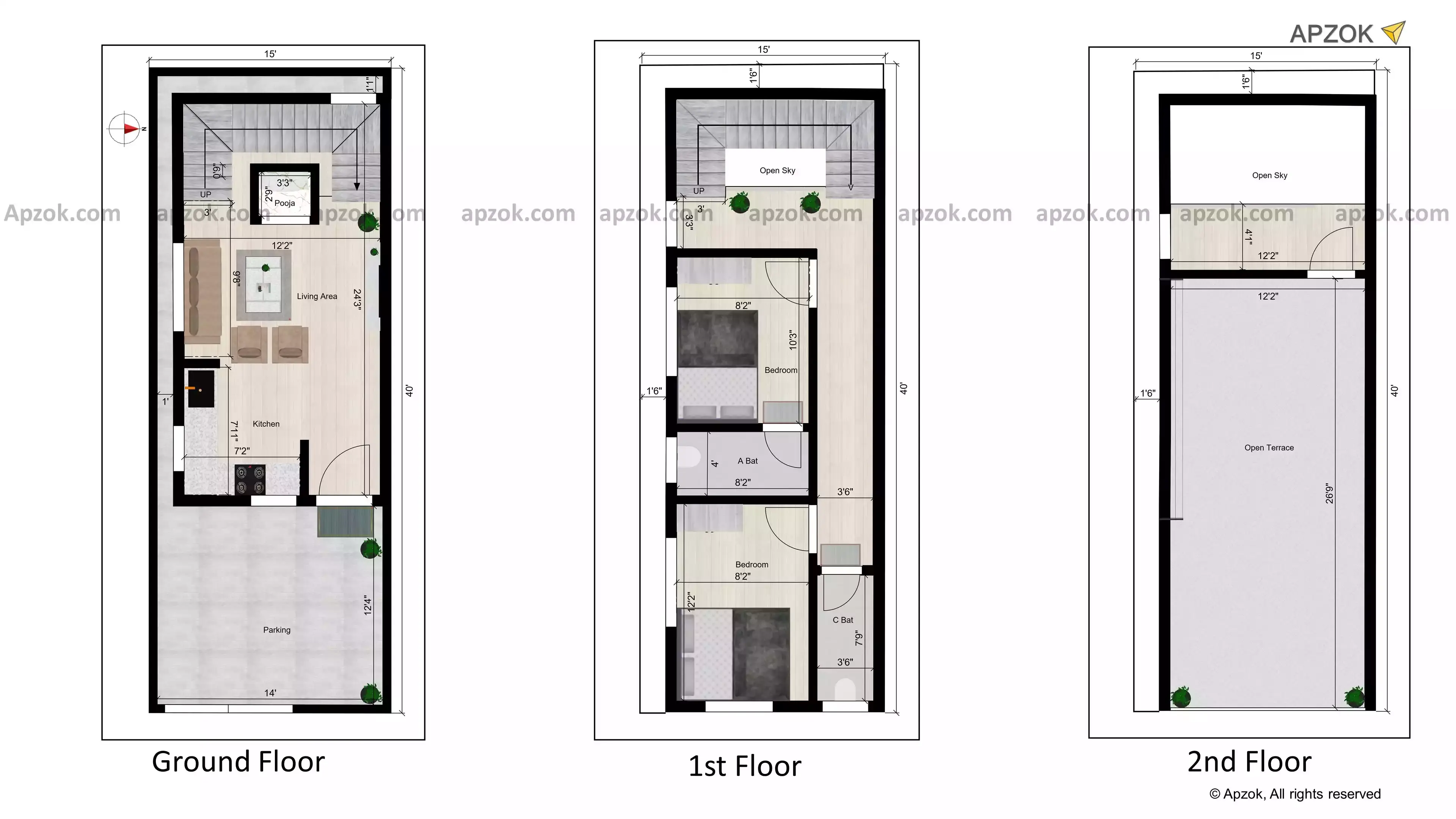 2BHK Duplex East Facing 15x40 ft House Blueprint | RB0025