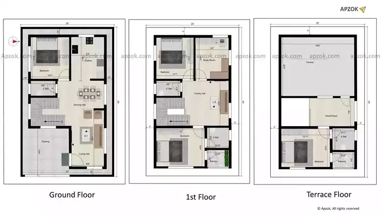 4BHK Duplex East Facing 25x40 ft House Blueprint | RG0069