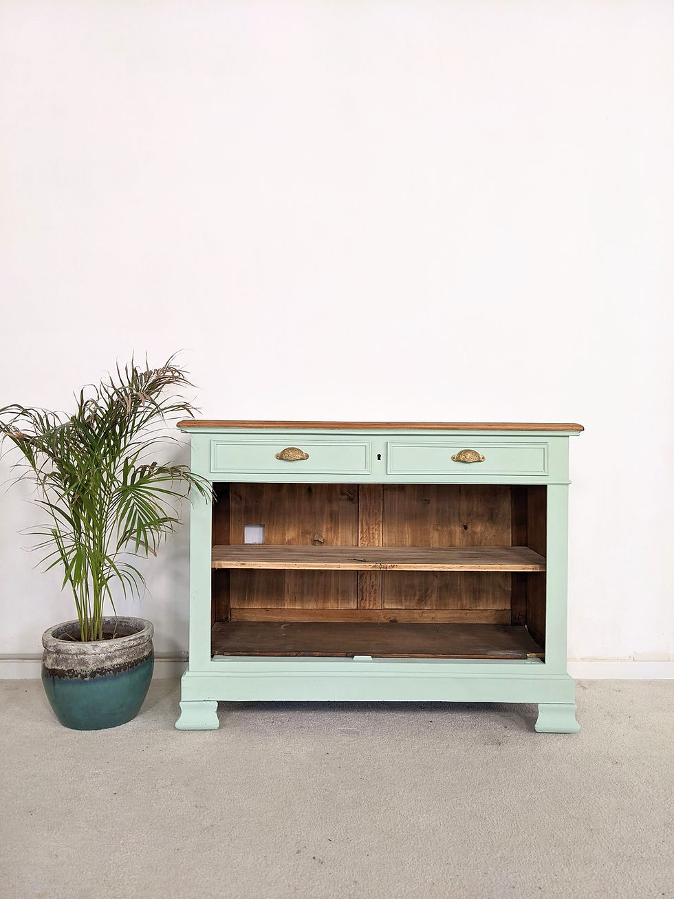 Buffet vintage céladon composé d'une étagère et deux tiroirs