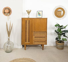Armoire secrétaire parisienne années 60, placage chêne et rotin, 3 tiroirs