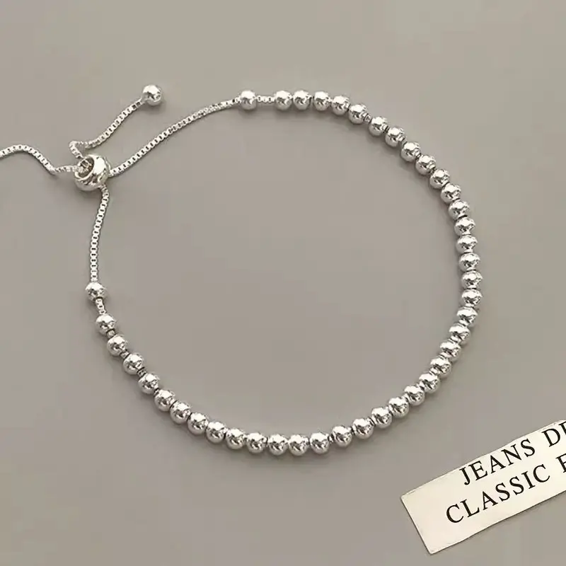 100% Solid 925 Sterling Silver Metal Bracelets for Women Men Beads Adjustable Ha