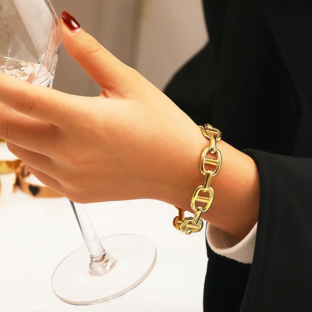 Stainless Steel Skeleton Bracelet for Women Gold Color Wide Bangle Jewelry Gift