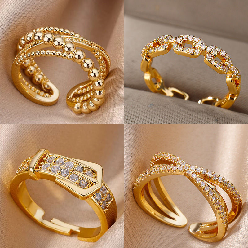 Stainless Steel Belt Rings For Women Zircon Adjustable Belt Finger Ring Femme Ge