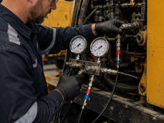 A fleet technician prepares to pressure test a hydraulics system on a heavy-duty vehicle.