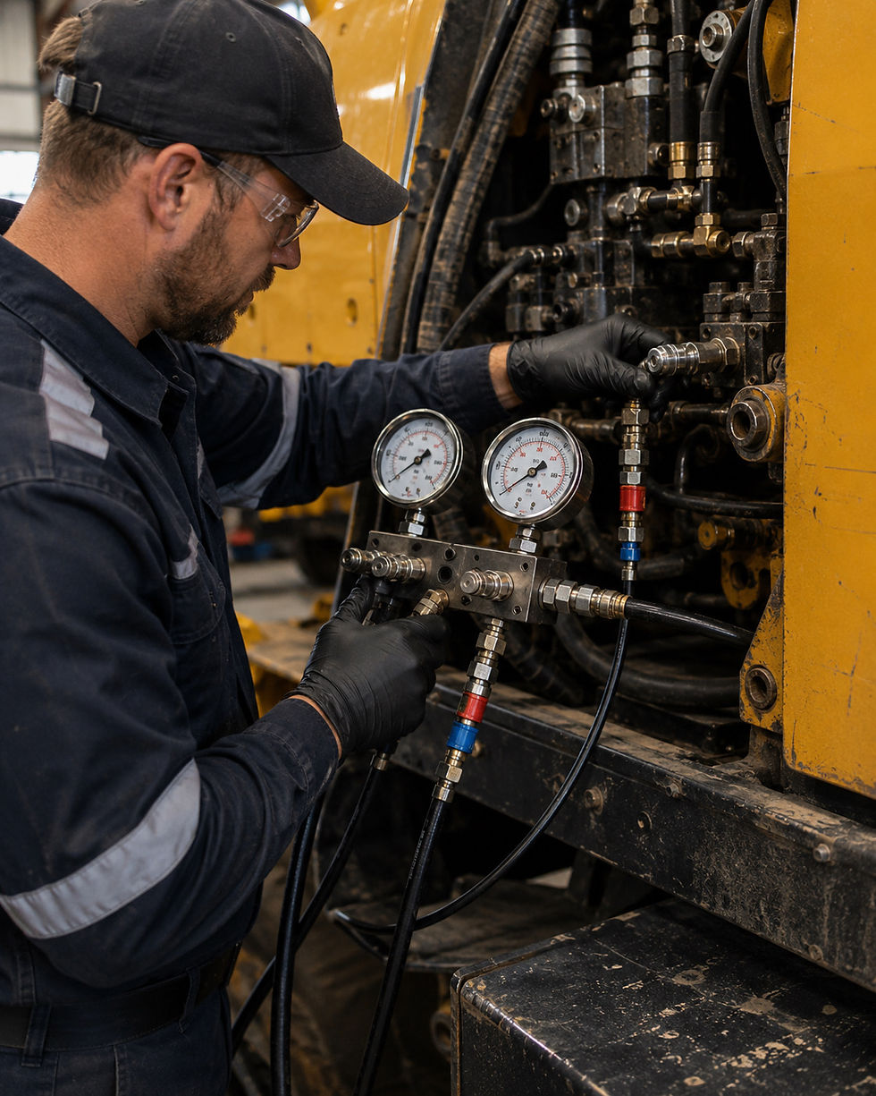 A fleet technician prepares to pressure test a hydraulics system on a heavy-duty vehicle.