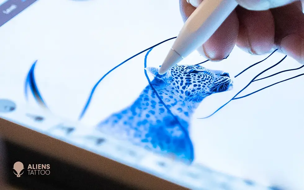 Detailed realistic leopard tattoo design focusing on the fierce expression and intricate fur texture.
