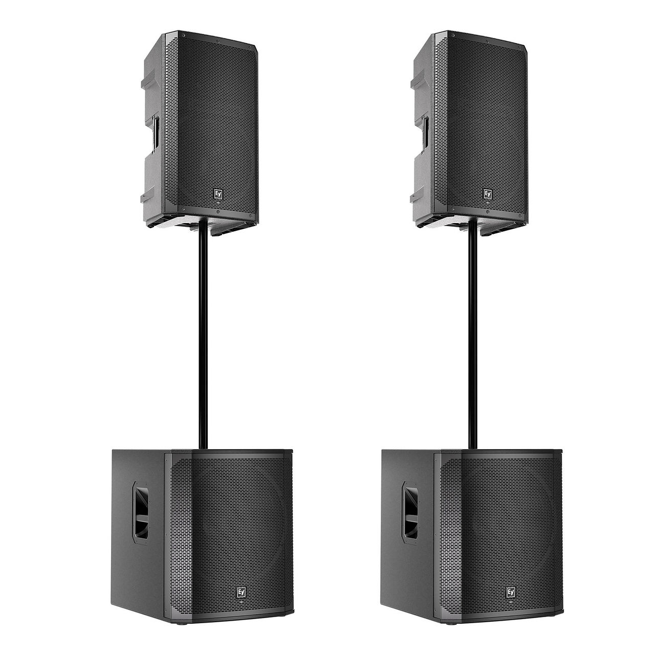 Kit Electro-Voice ELX200-18SP com caixas altas ZLX-15BT, vistas de frete.