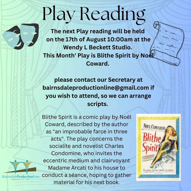 Play reading session - 17 August 2024 - Blithe Spirit by Noel Coward. Contact detail
