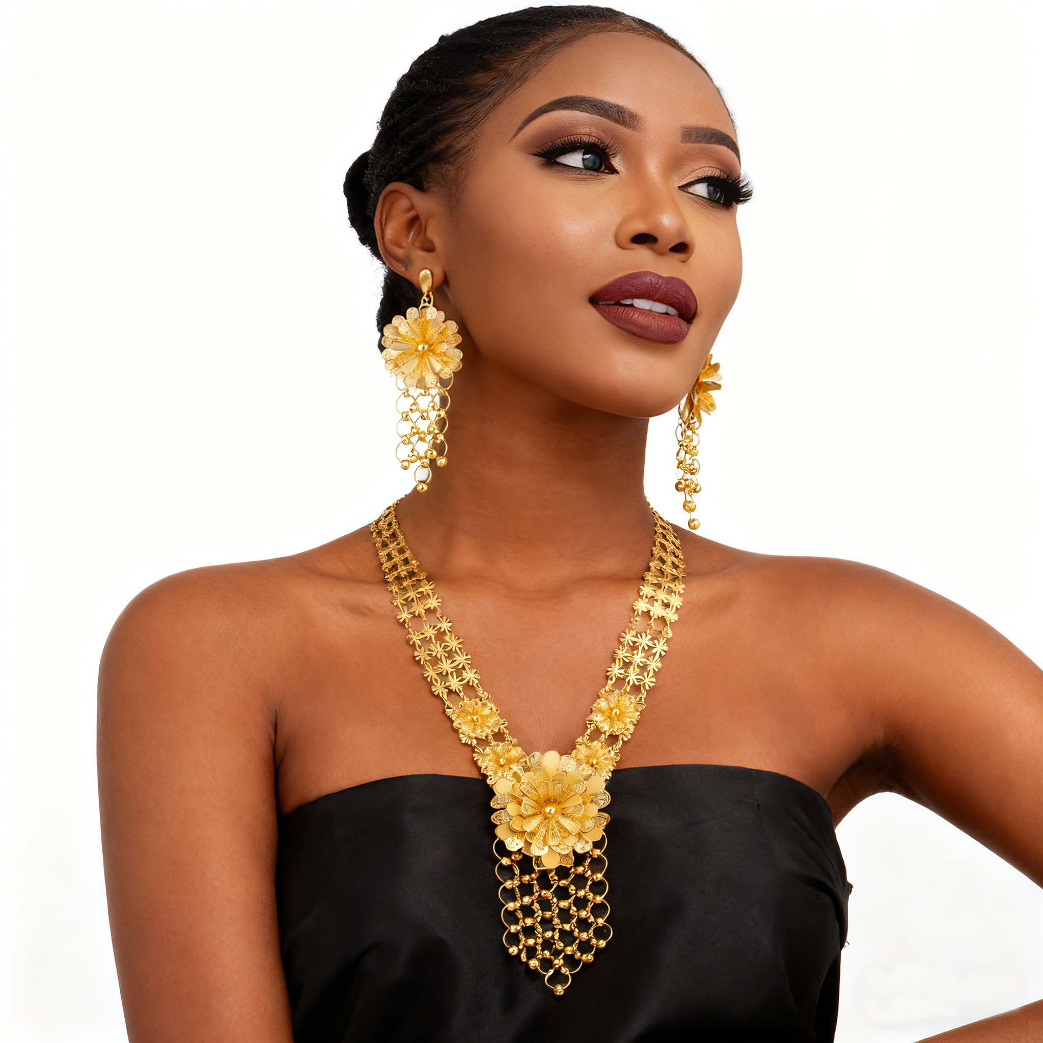 Nigerian Jewelry Set Gold Plated Necklace and Earrings with Bold Designs for Wom