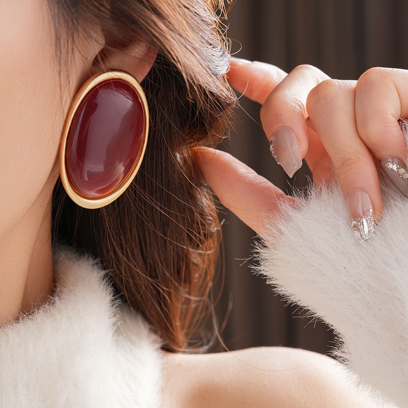 Thumbnail: Vintage Red Resin Women's Earrings Stud Earrings Luxury large Geometric Oval ear