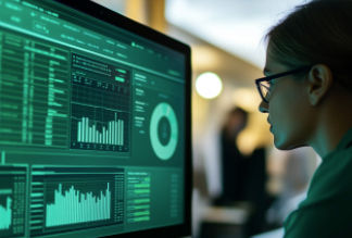 A person reading a computer screen with financial data