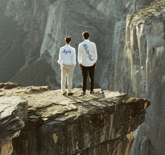 An Agile and a Waterfall project manager on a cliff edge