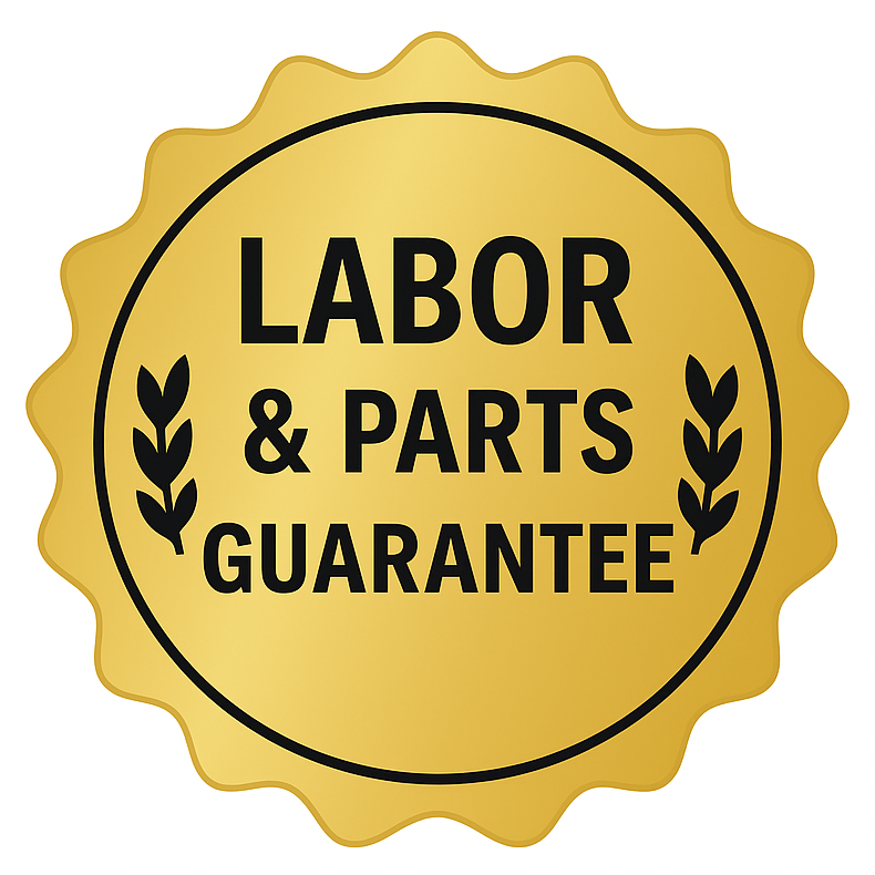 Gold seal with text: Labor & Parts Guarantee, black leaves, white background.