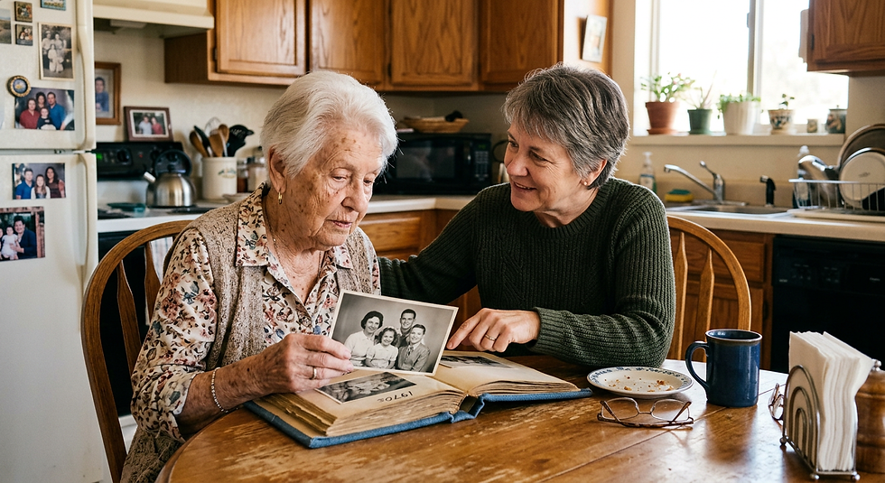 Caregiver and care receiver looking through a photo album together during a memory care activity.