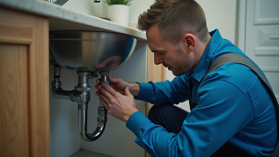 Eye-level view of a plumber fixing a pipe under a sink