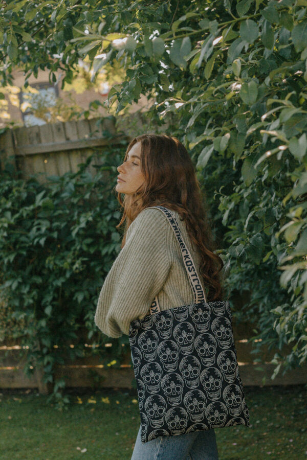 Thumbnail: Black / Cream / Fuschia Skull Printed Cotton Shopper Tote Bags - Xander Kostroma