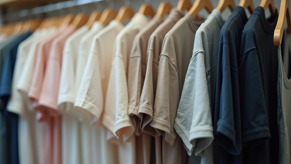Eye-level view of a clothing rack with various carer t-shirts hanging neatly