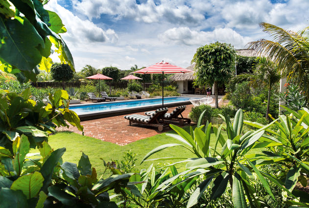 Tropical pool lawn view, landscape design, Malibu Popoyo