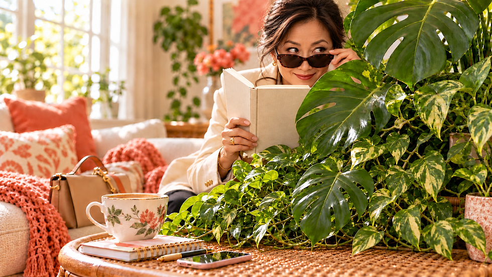 An executive mother playfully reading undercover behind lush houseplants