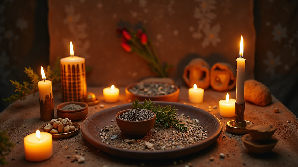 Eye-level view of a traditional African healing altar with herbs and candles