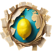 7L Cutout Newspapersearth world map in the shape of a lemon surrounded by newspapers.png