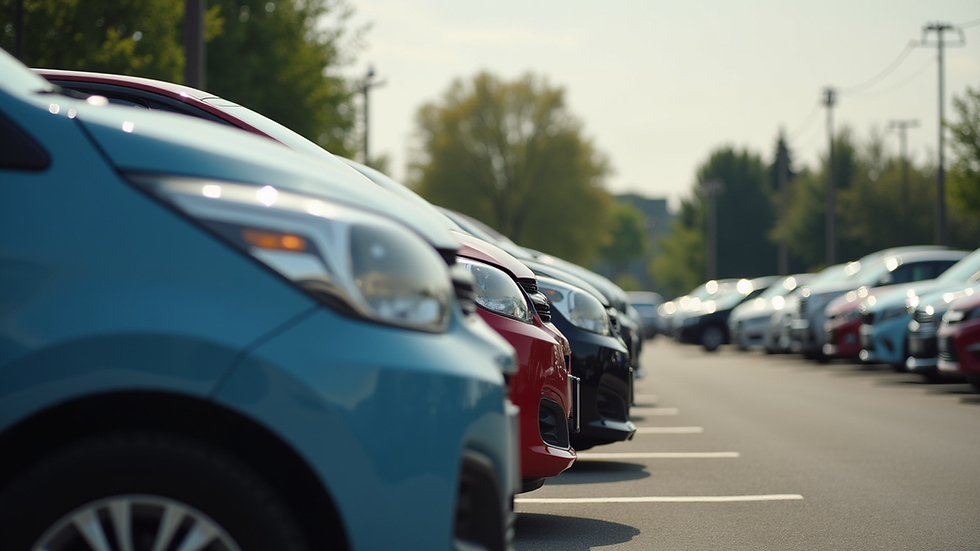 Eye-level view of a lineup of rental cars in a parking lot