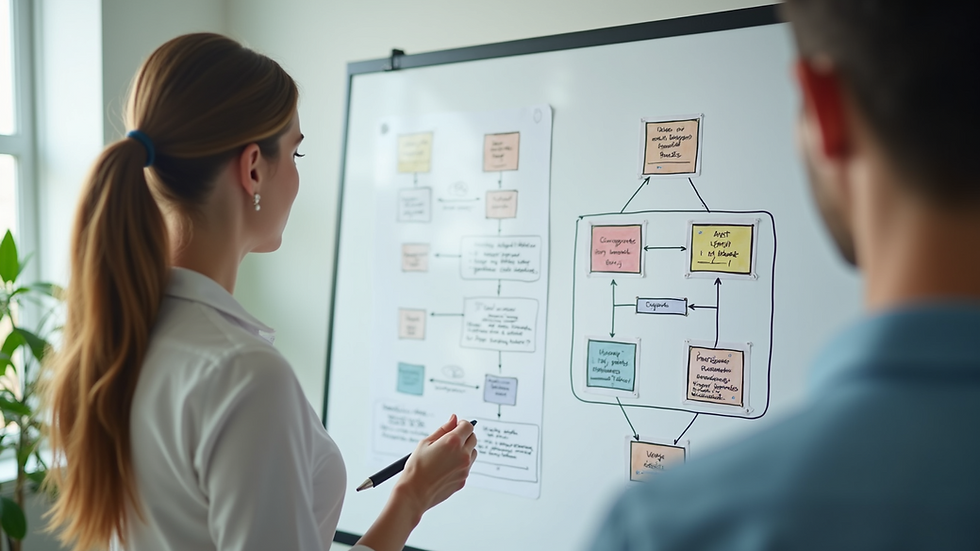 High angle view of a whiteboard with sales process flowchart