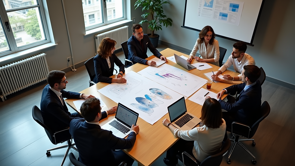 High angle view of a meeting room with a team discussing project plans
