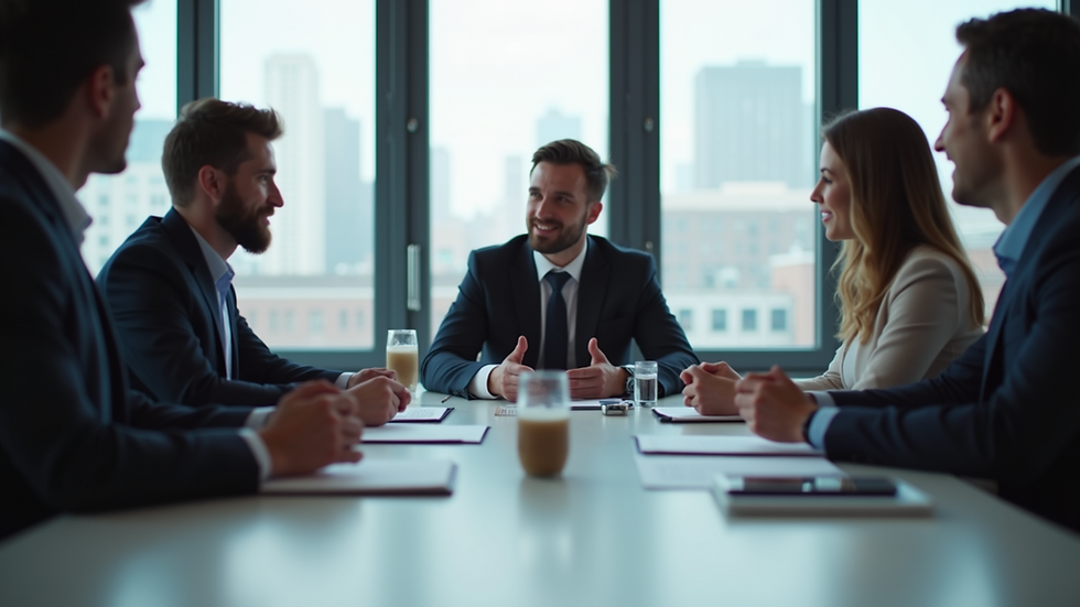 Eye-level view of a business meeting discussing growth strategies