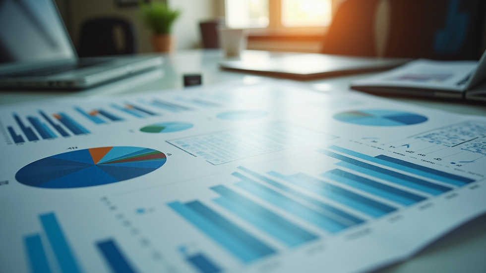 High angle view of an office workspace with charts and graphs