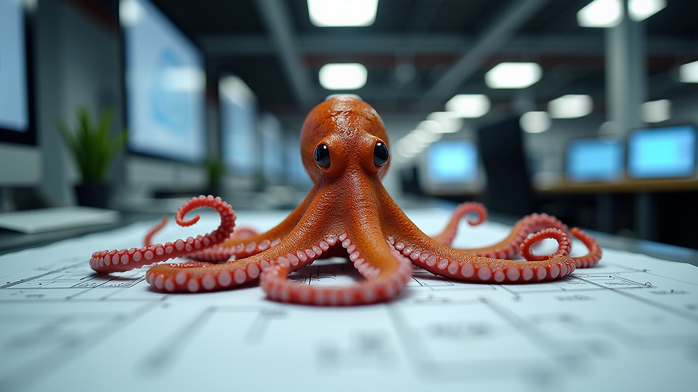 Eye-level view of a modern engineering office with technical drawings on desks