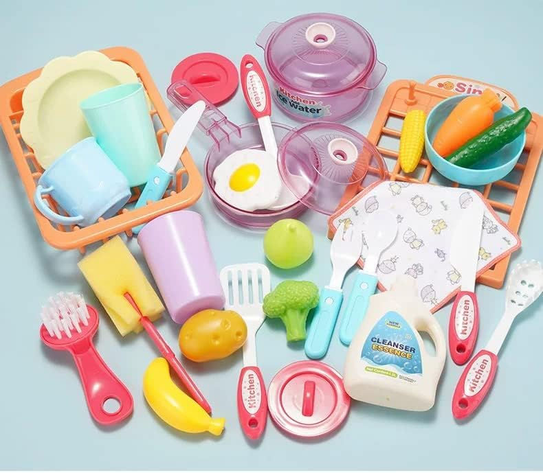 Thumbnail: Kids Home Kitchen Sink Play Set With Water Flow Tap & Dishwashing Accessories