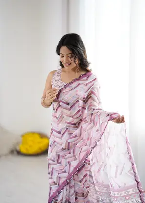 Thumbnail: Women’s Georgette Mirror Work Saree With Blouse Piece(Off White)