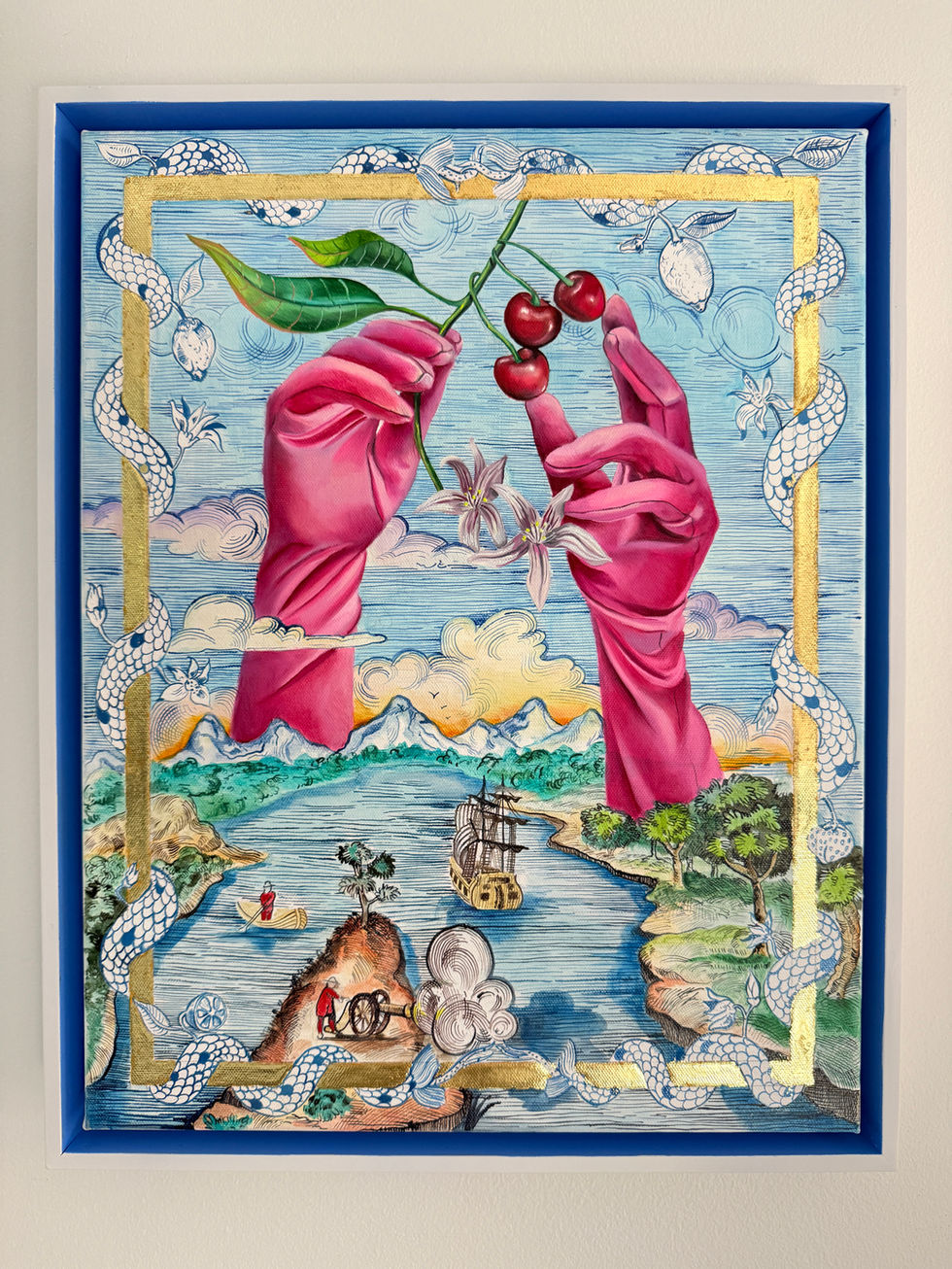 La Entrada Dorada
oil on canvas, 22 karat genuine gold leaf, hand painted frame, 
15.5" x 19.5", 
2025