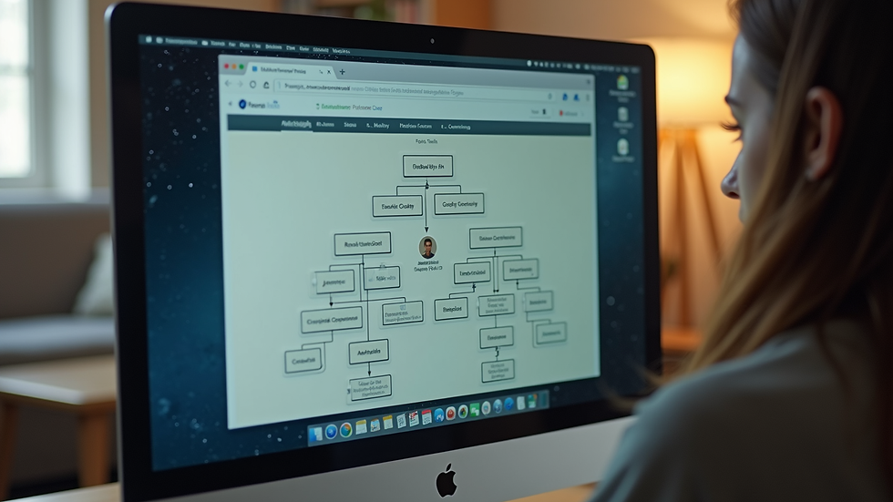 Close-up view of a computer screen displaying a genealogy website and family tree