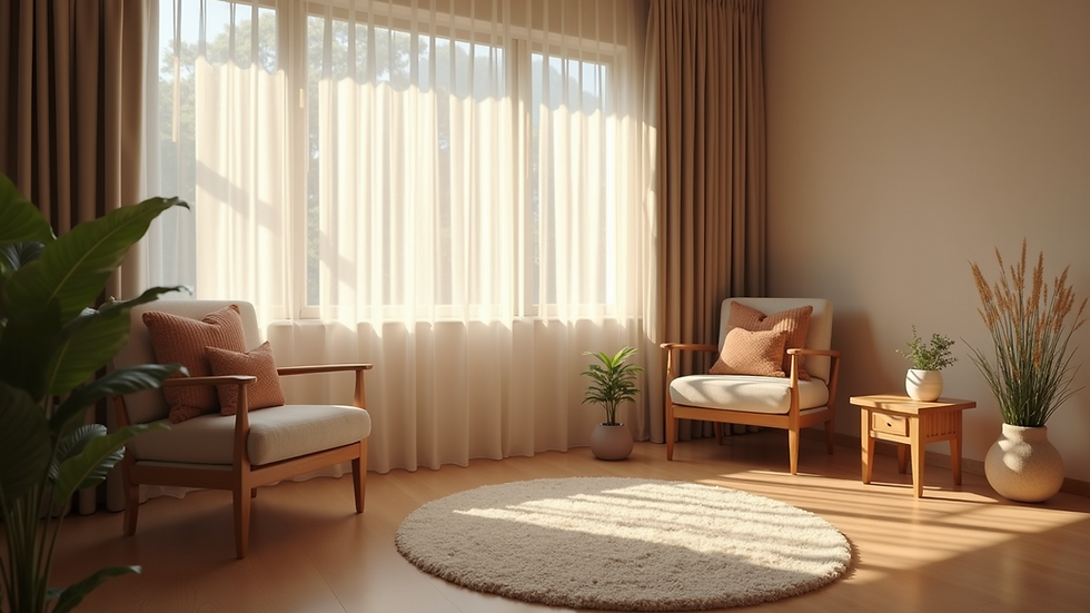 Eye-level view of a cozy therapy room with soft lighting and comfortable seating