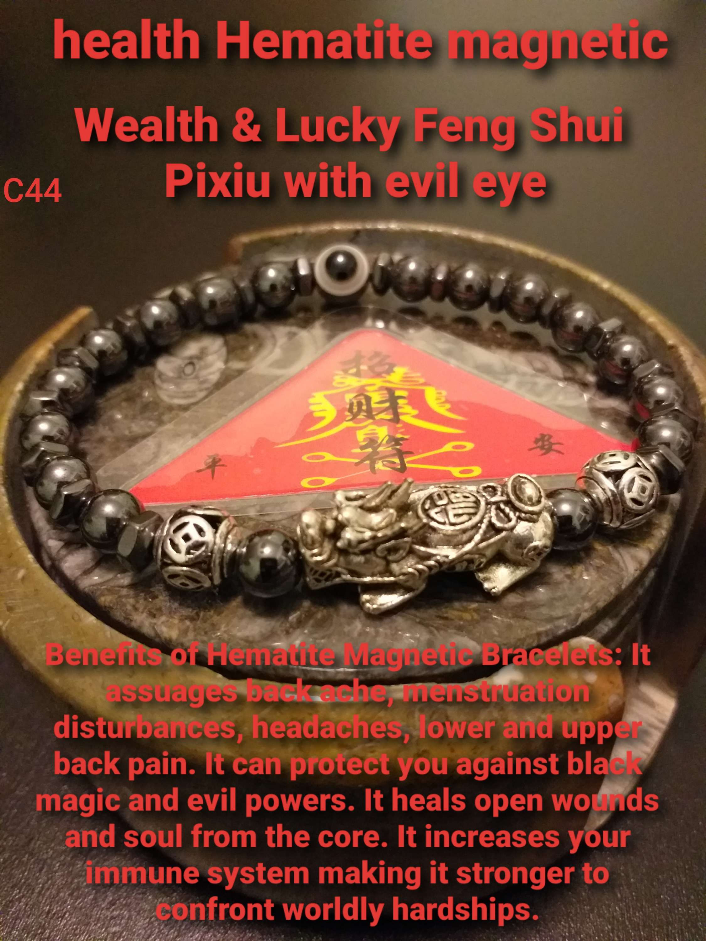 Hematite magnetic Feng shui pixiu bracelet with evil eye