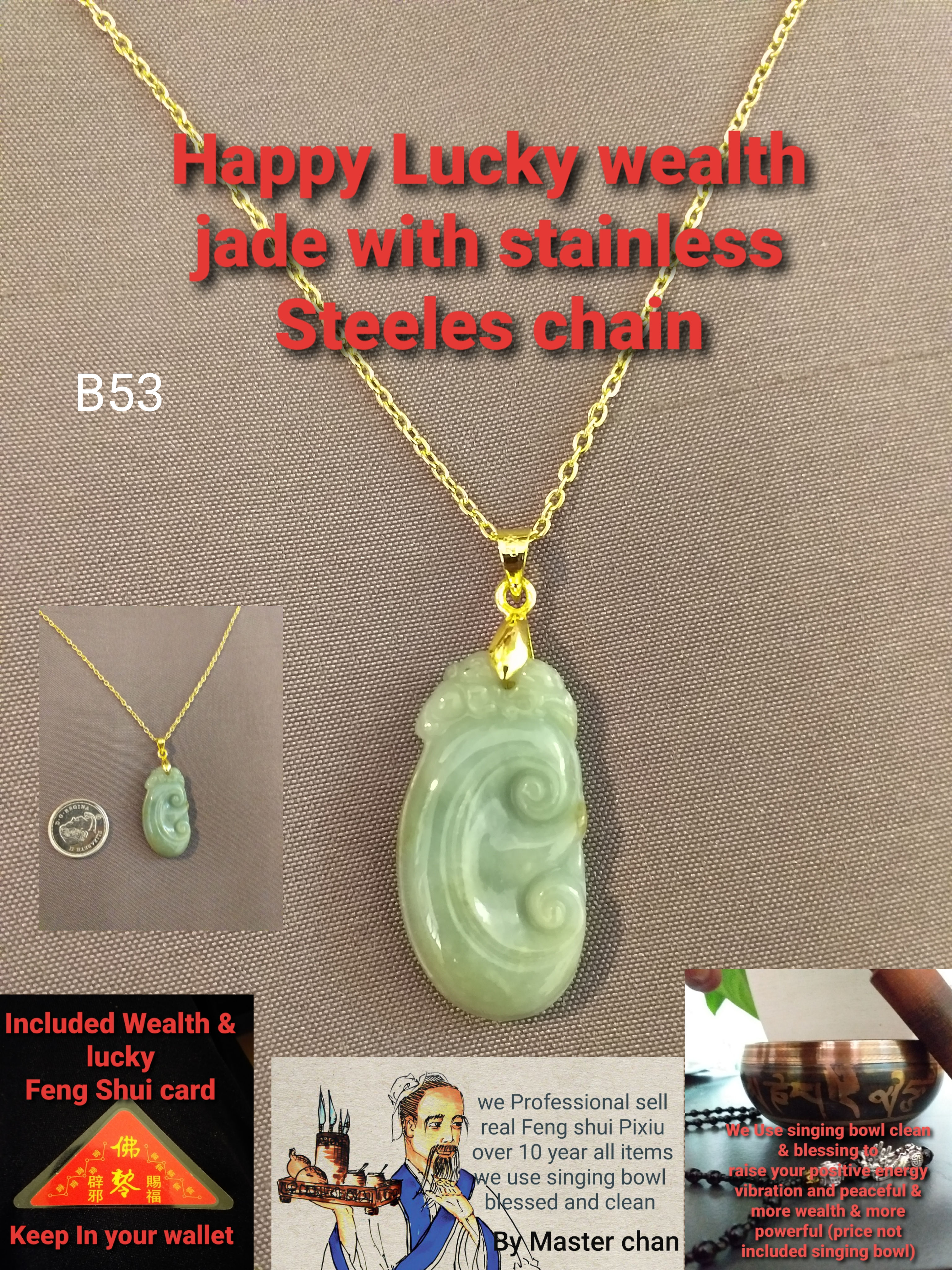 Wealth Lucky jade necklace with stainless Steeles chain