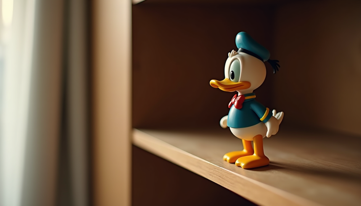 Eye-level view of a classic Donald Duck figurine on a wooden shelf